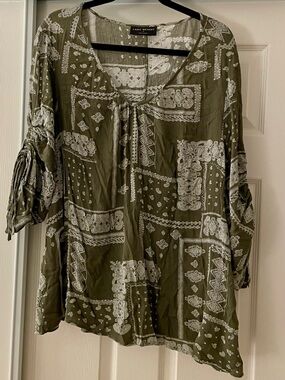 Lane Bryant Olive Green Printed paisley V-Neck Gauze Blouse